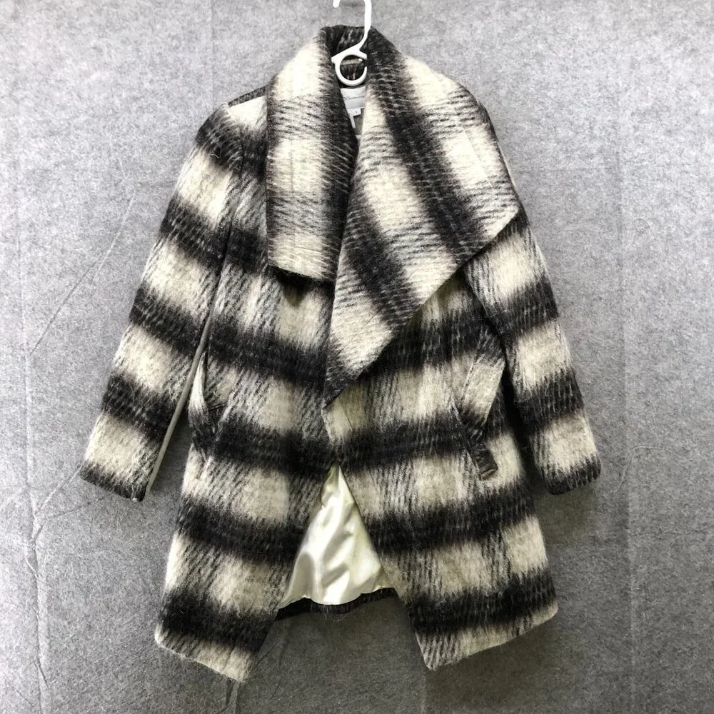 BCBGeneration Plaid Wool Blend Wrap Coat Womens Small S Black Ivory Fuzzy Long - Picture 4 of 13